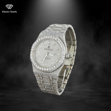 Branded Moissanite Watch Silver Face Iced Out Bust Down Watch